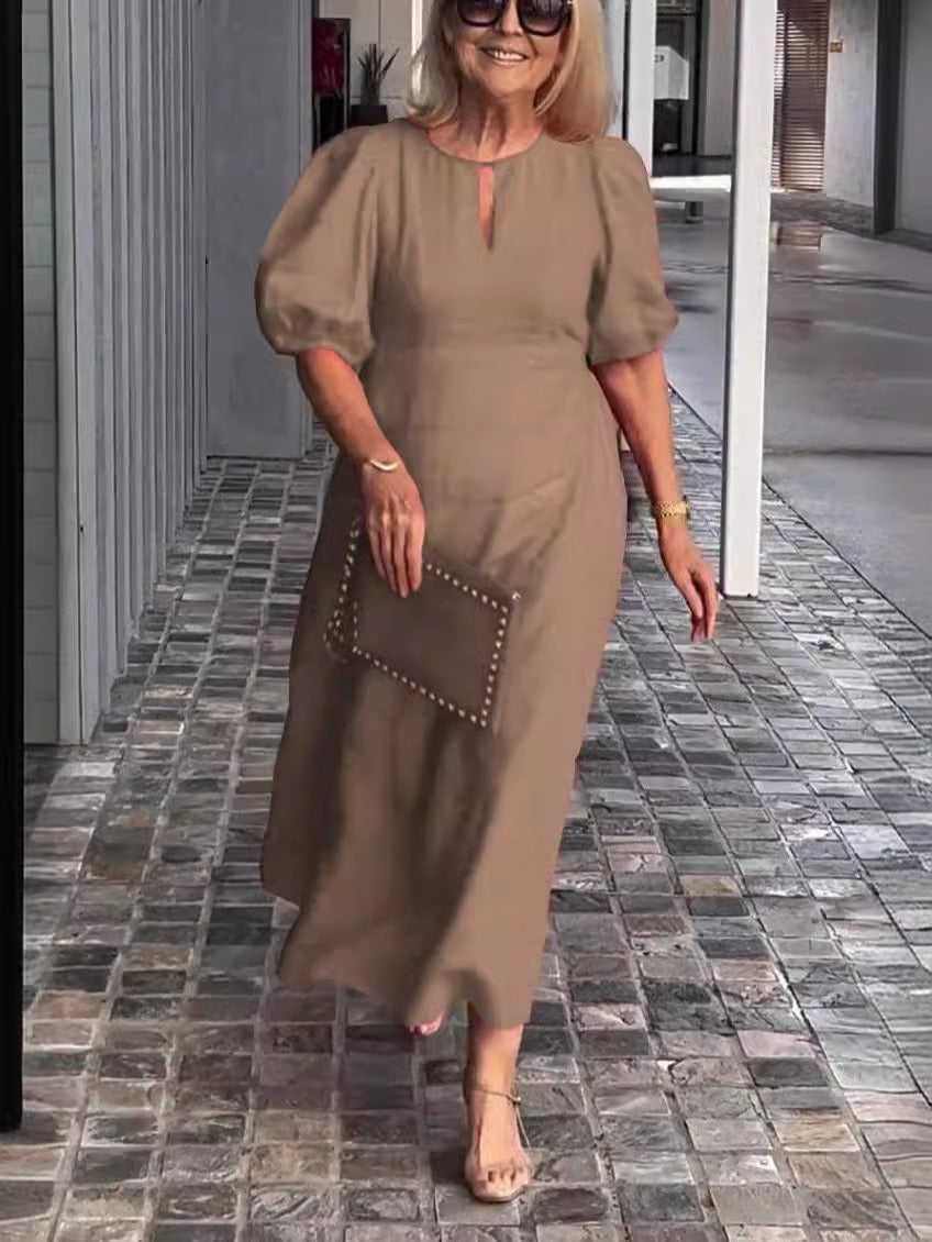 Robe midi femme – Coton – Coupe ample – Manches bouffantes – Encolure fendue