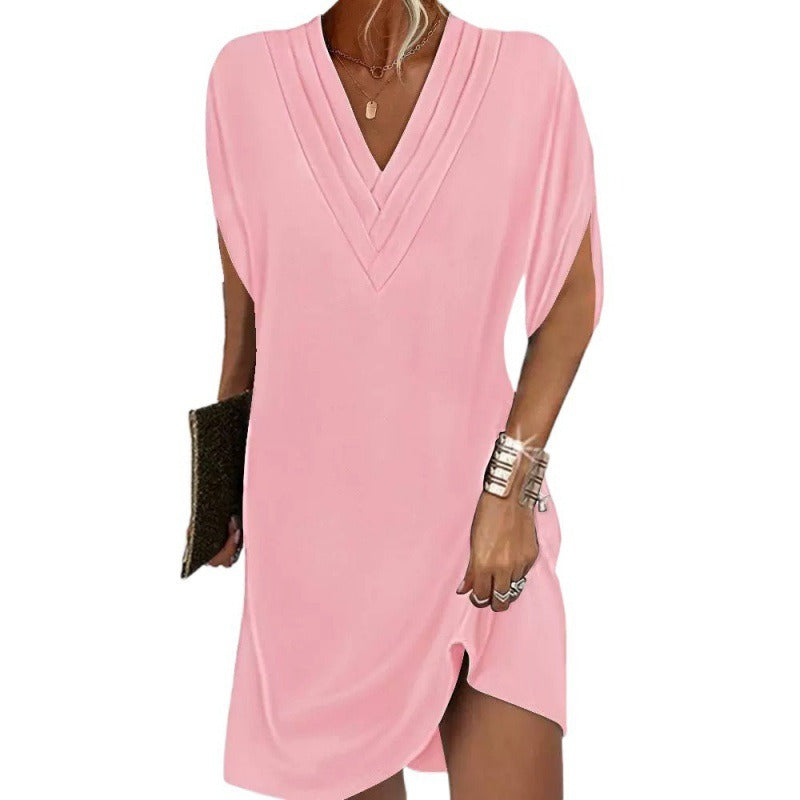 Robe courte femme – Col V plissé – Manches chauve-souris
