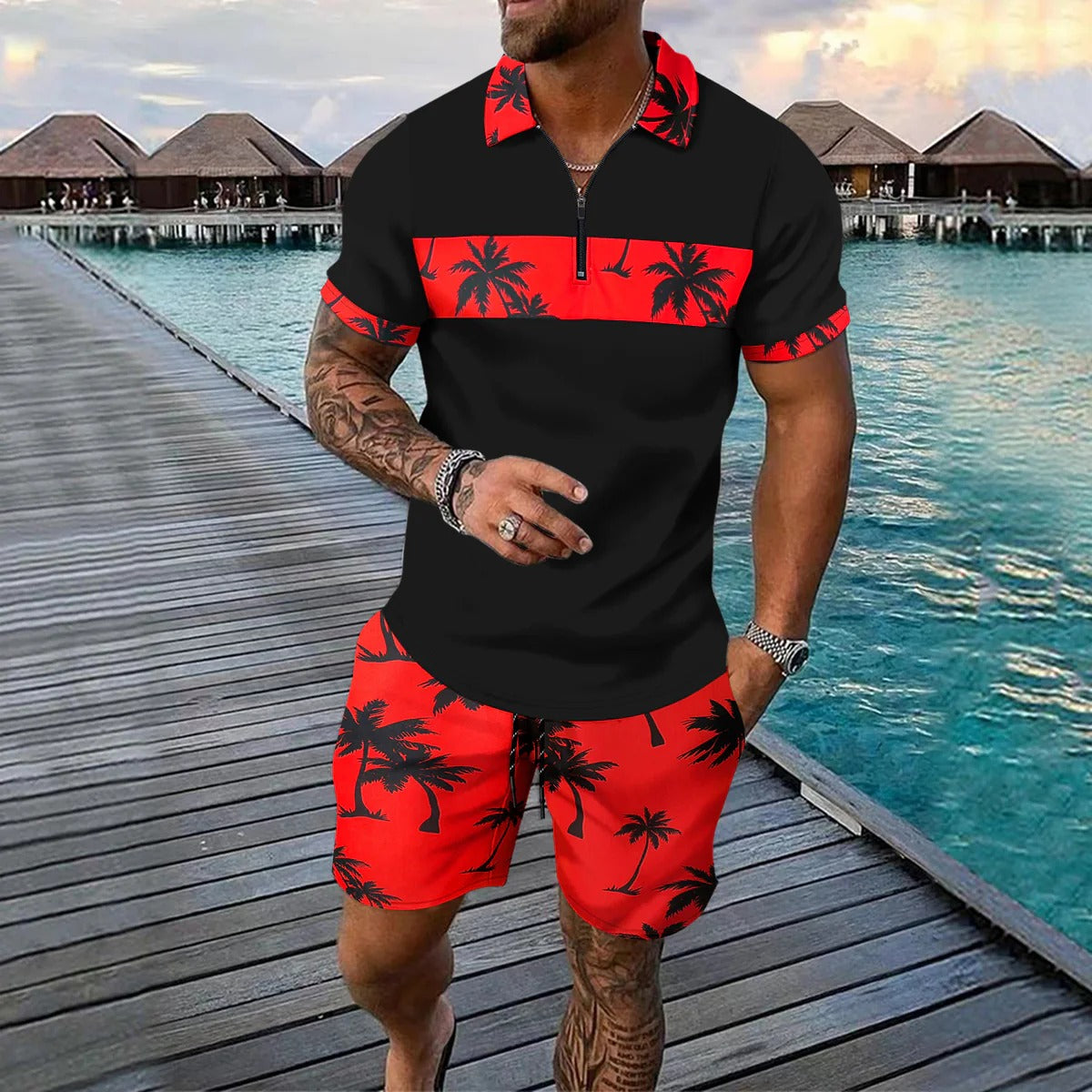 Ensemble décontracté homme – Polo zippé ajusté – Short à cordon tropical