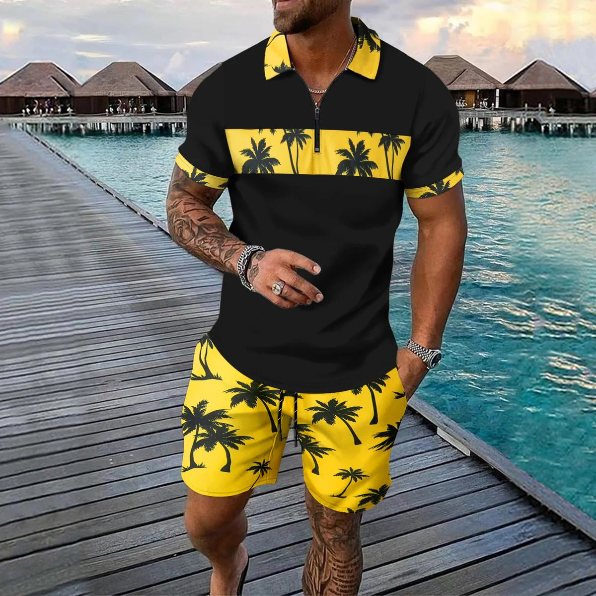Ensemble décontracté homme – Polo zippé ajusté – Short à cordon tropical