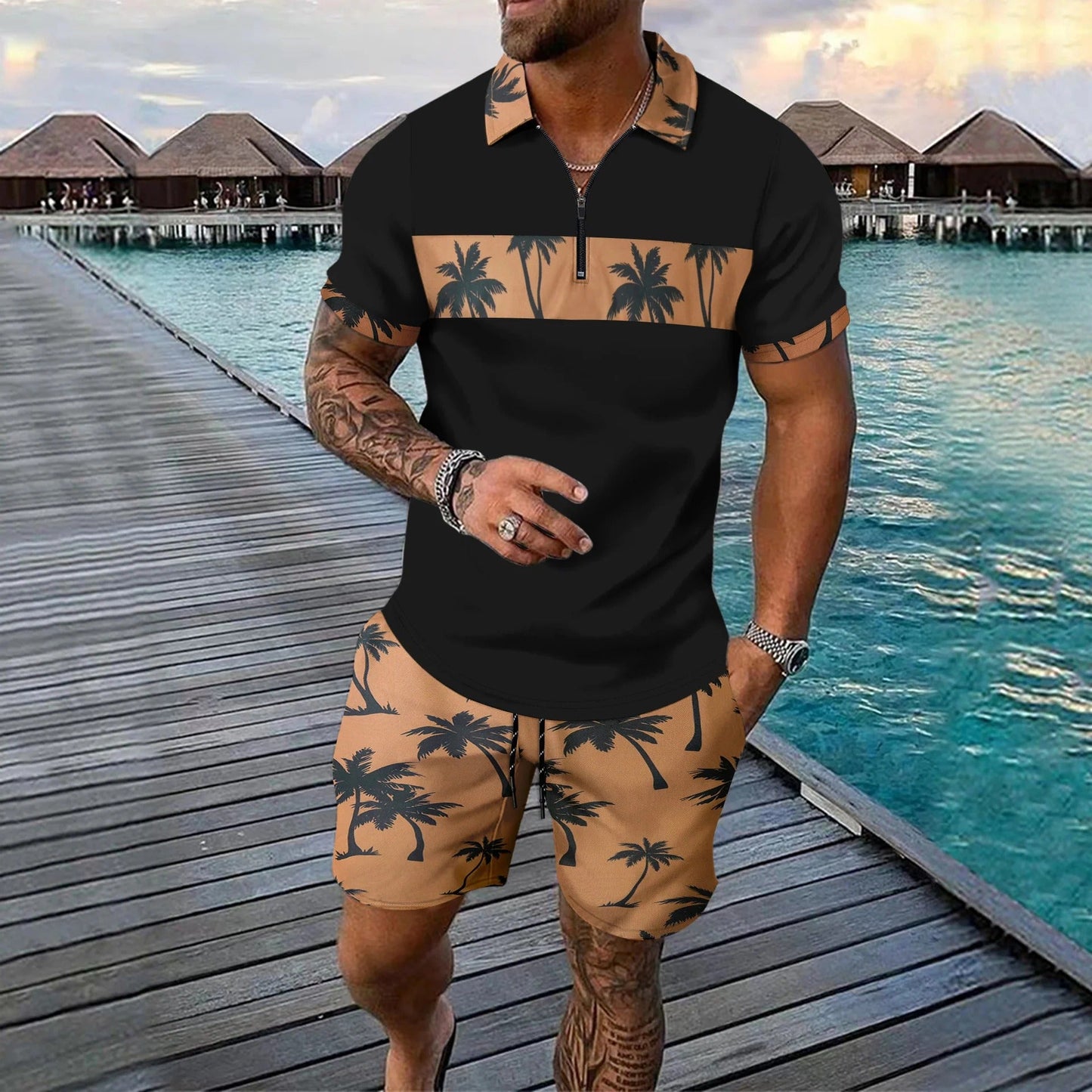 Ensemble décontracté homme – Polo zippé ajusté – Short à cordon tropical