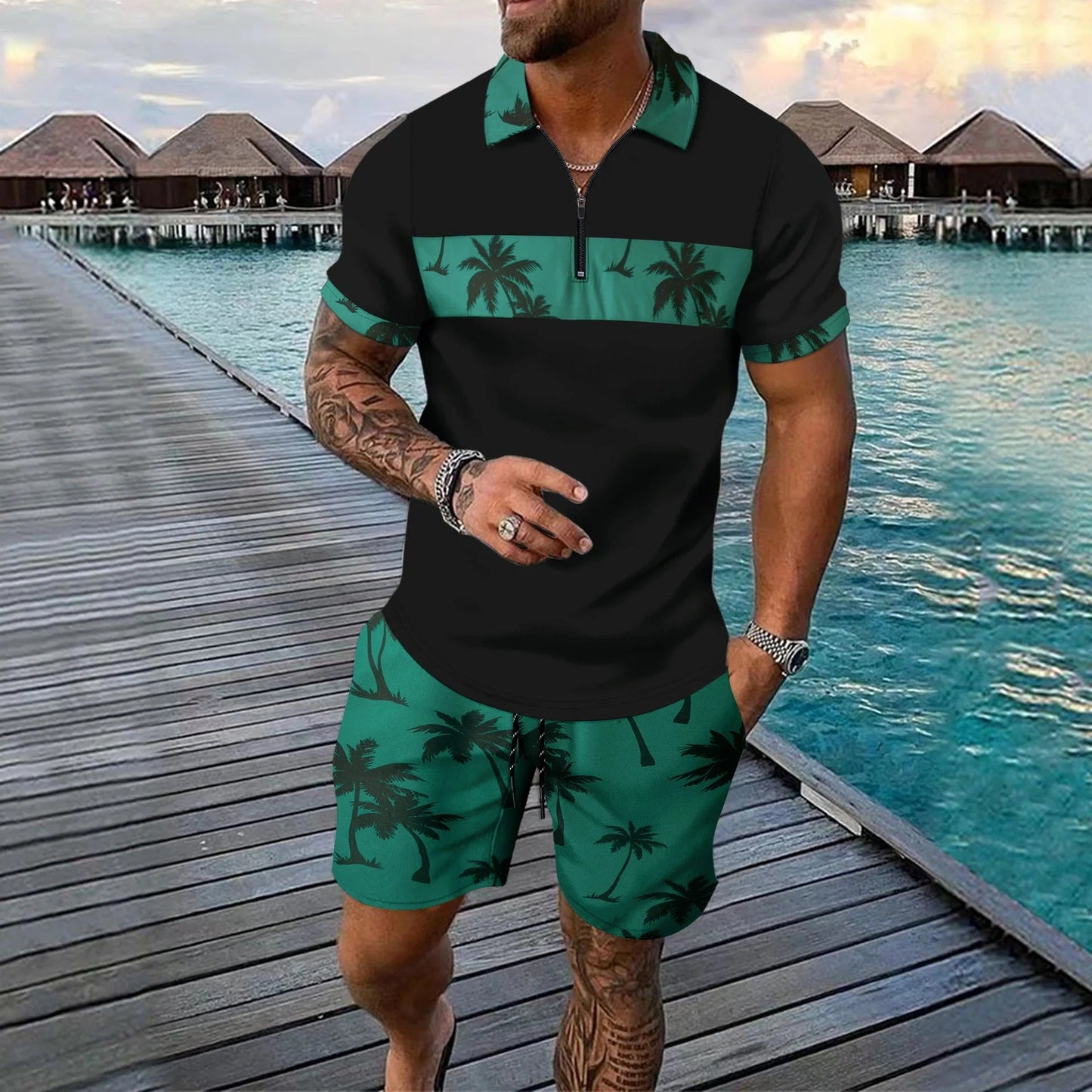 Ensemble décontracté homme – Polo zippé ajusté – Short à cordon tropical