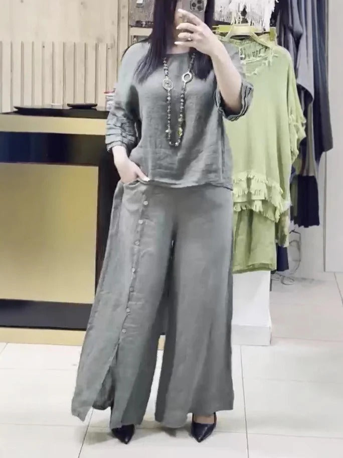 Ensemble Femme – Haut Linnen Coupe Ample – Pantalon Large à Boutons Décoratifs