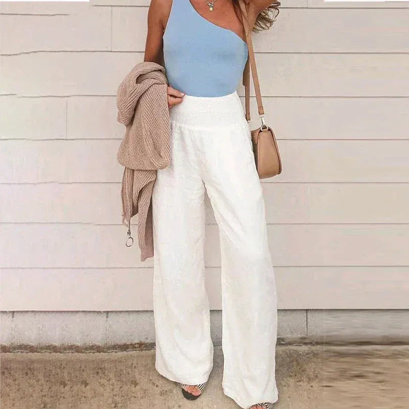 Pantalon large femme – Taille haute – Lin respirant – Coupe ample fluide