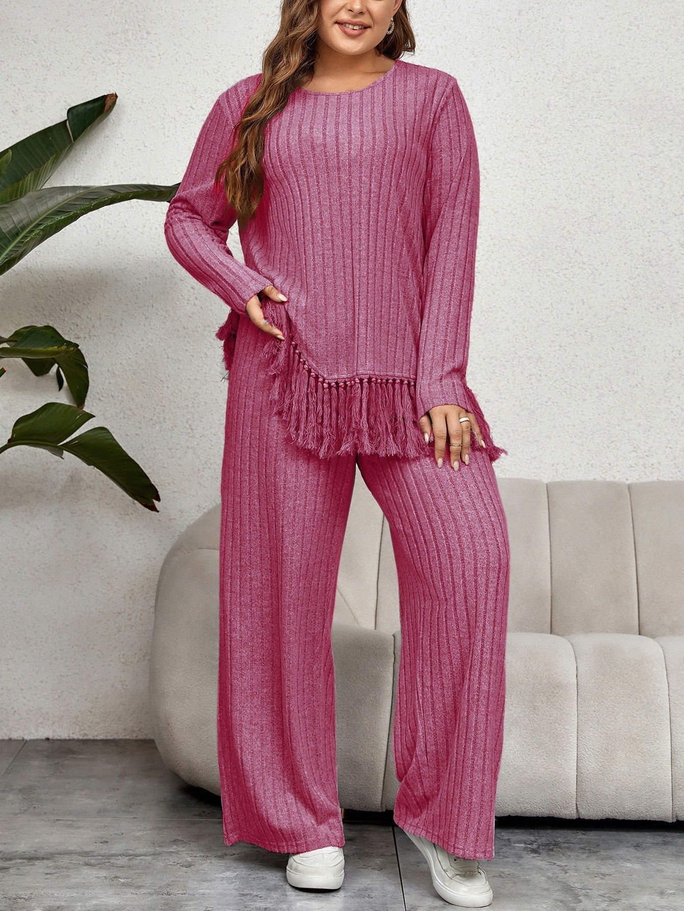 Ensemble détente femme – Maille côtelée – Haut oversize à franges – Pantalon large