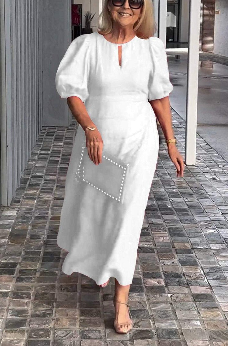 Robe midi femme – Coton – Coupe ample – Manches bouffantes – Encolure fendue
