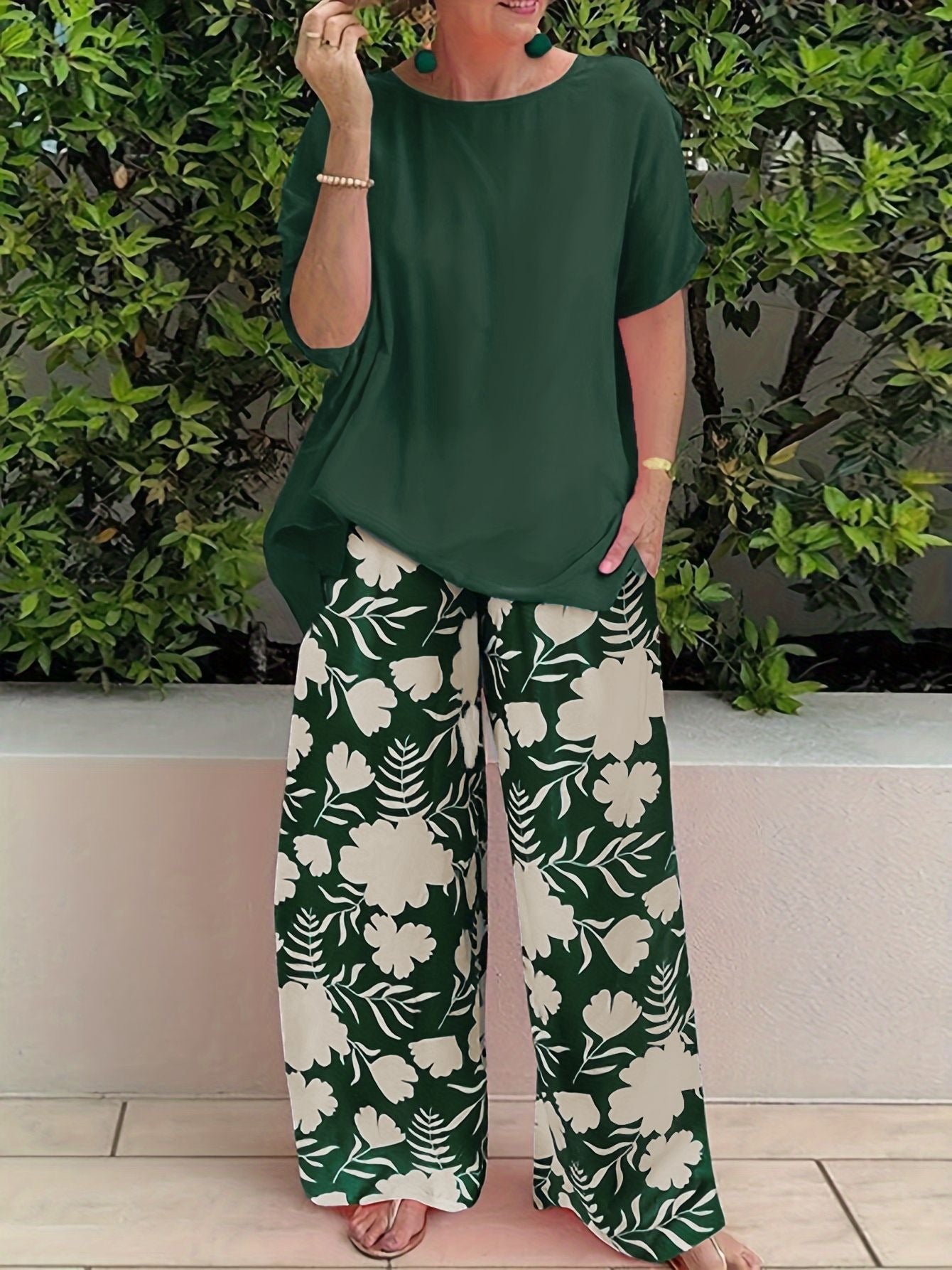 Ensemble pantalon pour femme – Haut coupe décontractée – Pantalon large – Imprimé floral