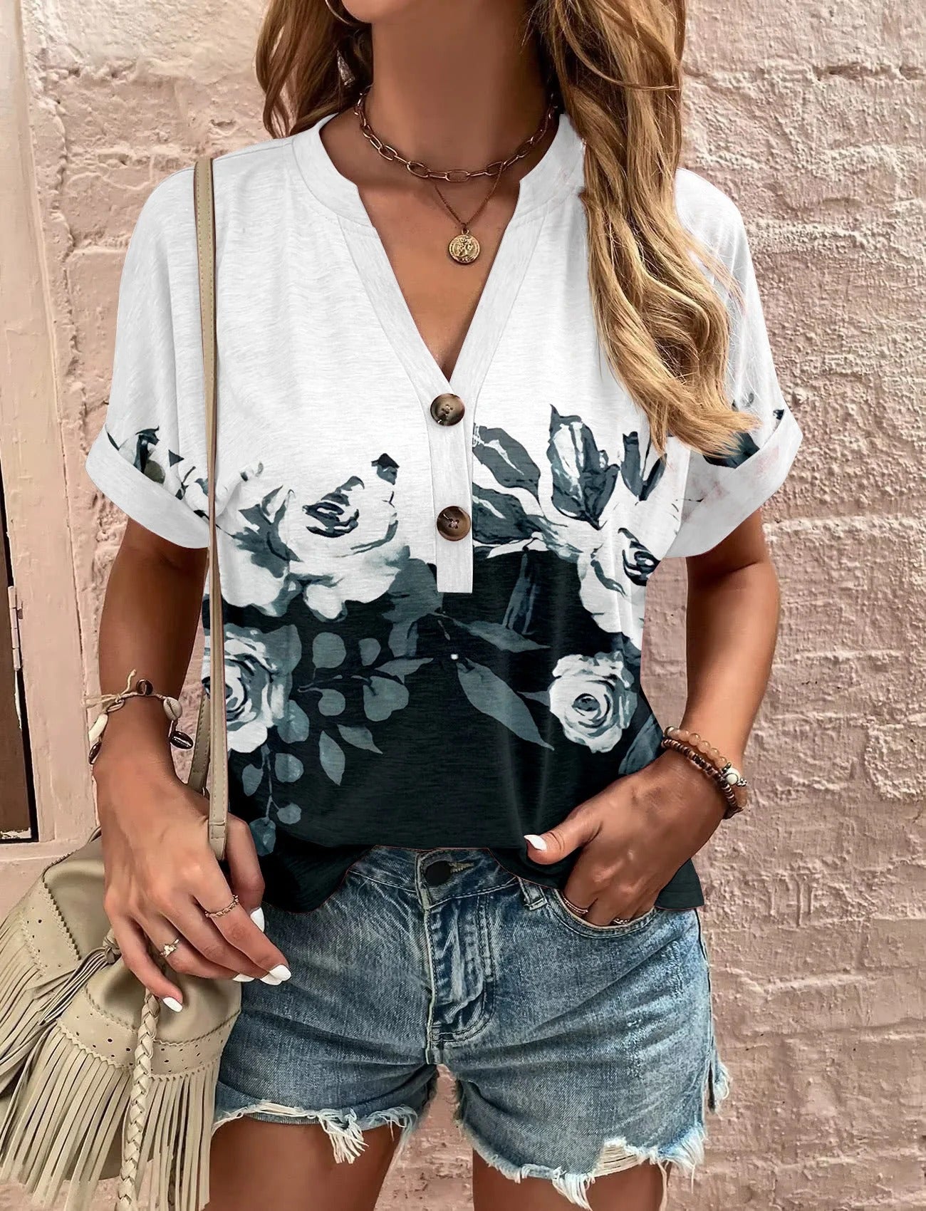 Chemise femme – Coupe décontractée – Manches courtes – Col V – Motif floral – Tissu respirant