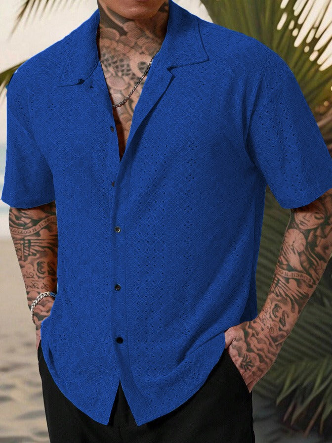 Chemise homme décontractée – Coton – Motif jacquard ajouré – Coupe droite – Manches courtes