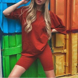 Women’s Two-Piece Set – Tunic Top with Waist Belt – Fitted Cycling Shorts – Casual Fit