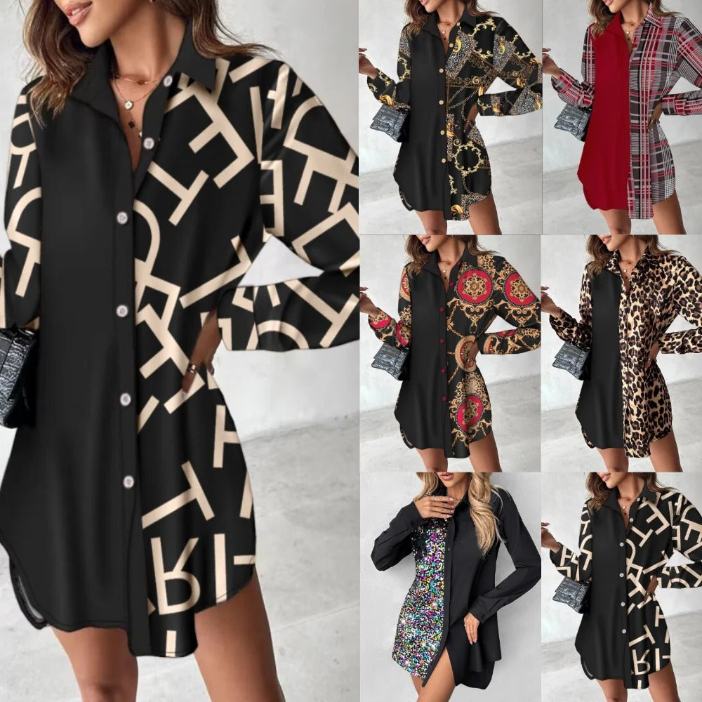 Women's Shirt Dress – Relaxed Fit – Leopard Print – Long Sleeves – Mini