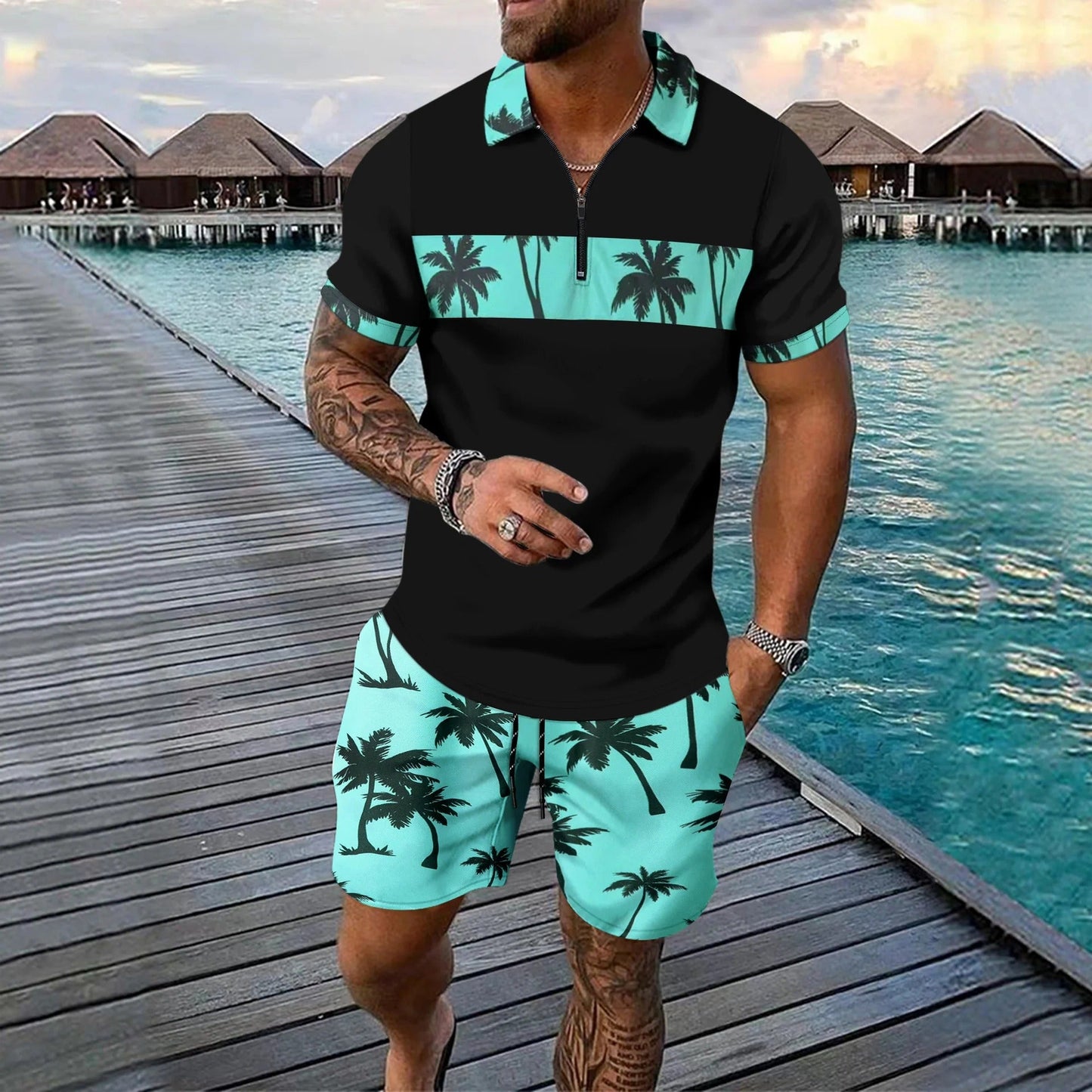 Ensemble décontracté homme – Polo zippé ajusté – Short à cordon tropical