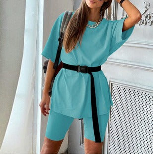Women’s Two-Piece Set – Tunic Top with Waist Belt – Fitted Cycling Shorts – Casual Fit