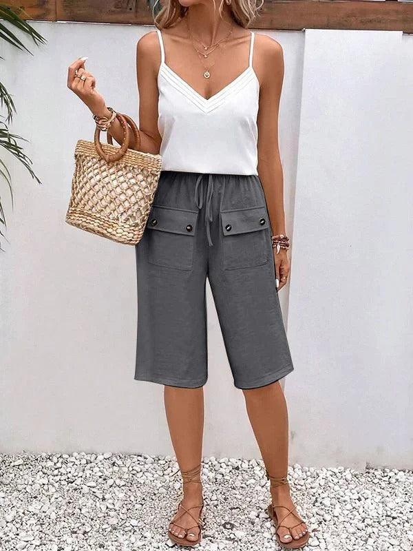 Pantalon Femme Mi-long – Coupe Ample – Taille Élastique – Tissu Respirant – Cordon