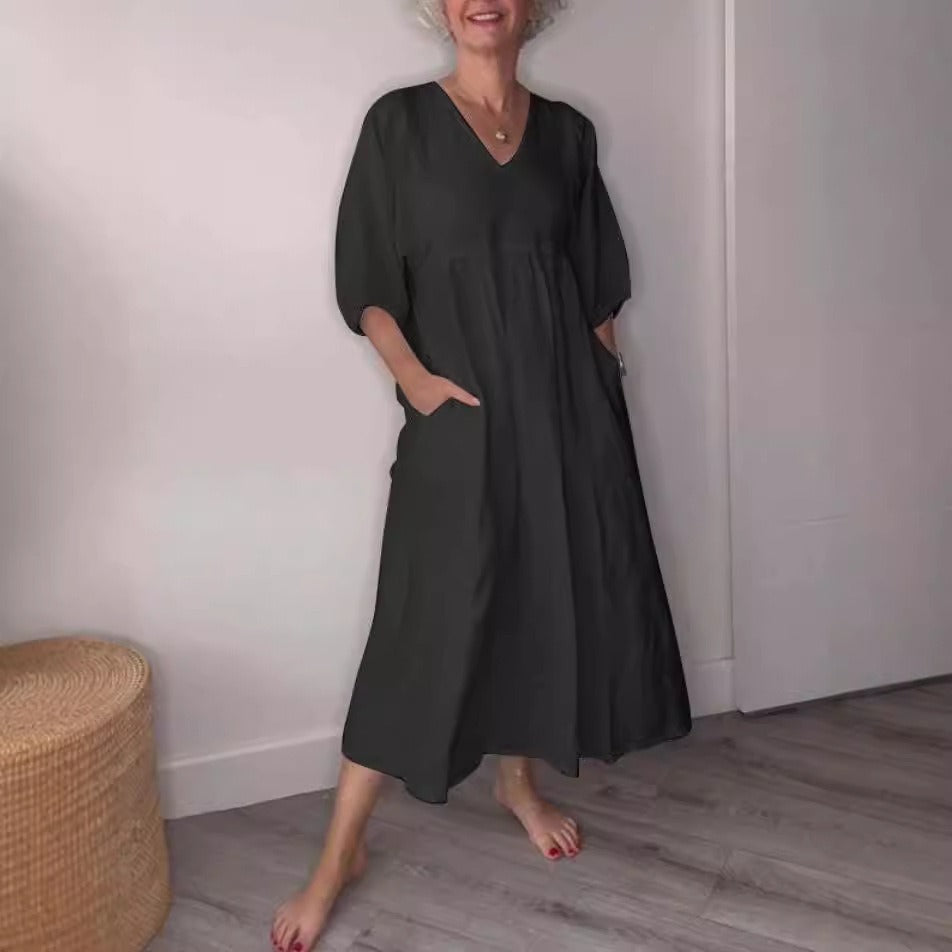 Robe midi femme – Coupe décontractée – Lin et coton – Col V profond – Manches retroussées – Poches