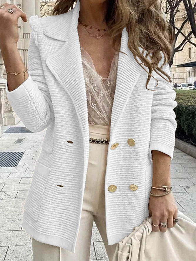 Veste femme chic – Coupe cintrée – Boutonnage croisé – Col à revers – Tissu côtelé