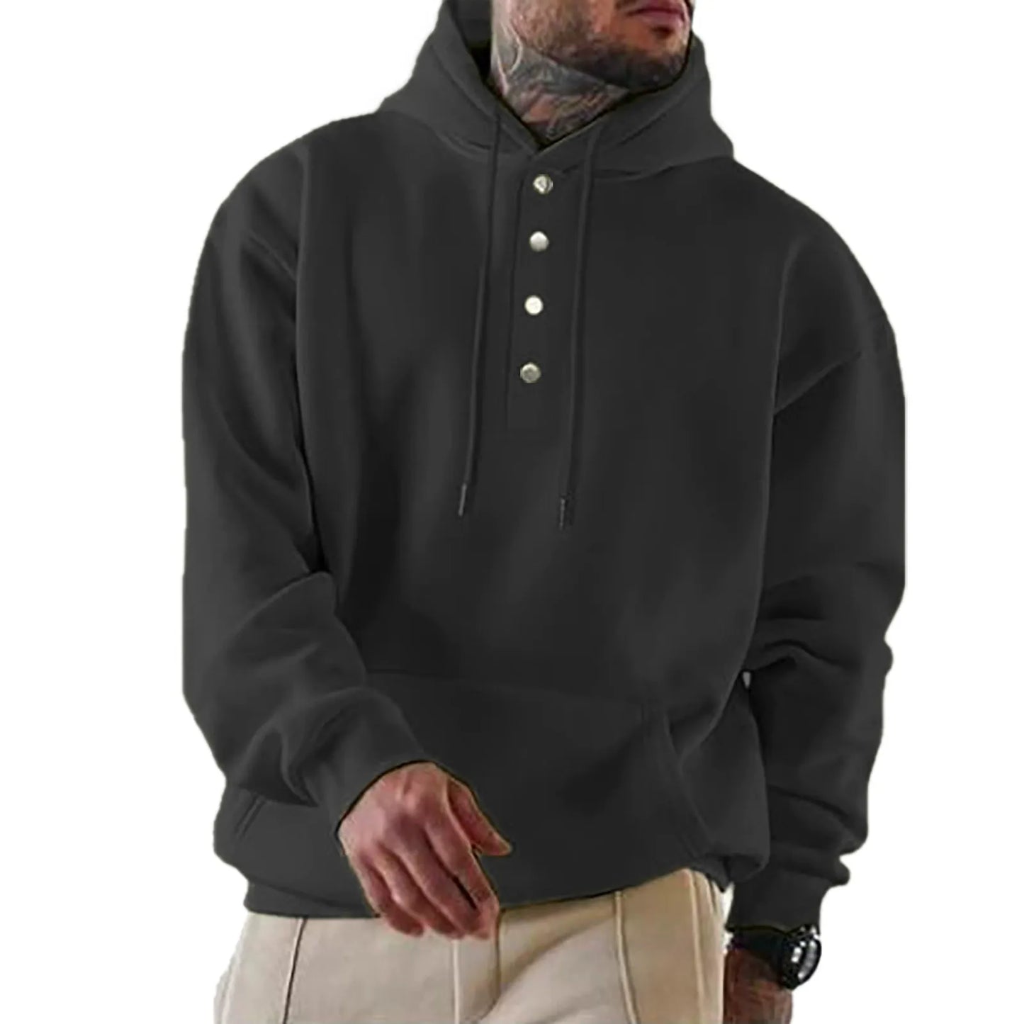 Sweat à capuche homme – Coupe ample – Molleton doux – Patte boutonnée – Style décontracté