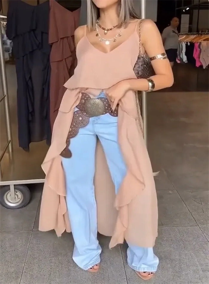 Robe femme – Coupe fluide – Décolleté en V – Bretelles fines – Ourlet asymétrique – Volants superposés