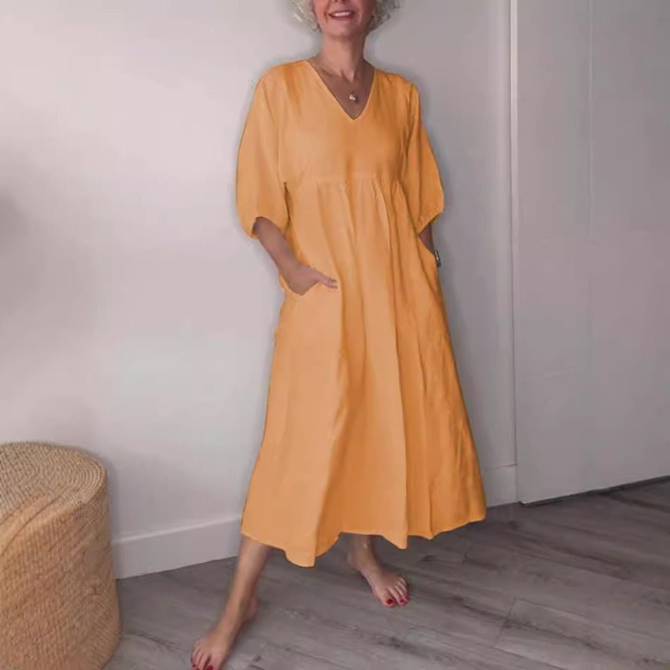 Robe midi femme – Coupe décontractée – Lin et coton – Col V profond – Manches retroussées – Poches