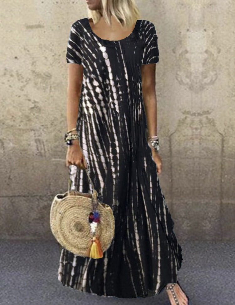 Robe longue femme – Coupe ample – Imprimé tie-dye – Manches courtes