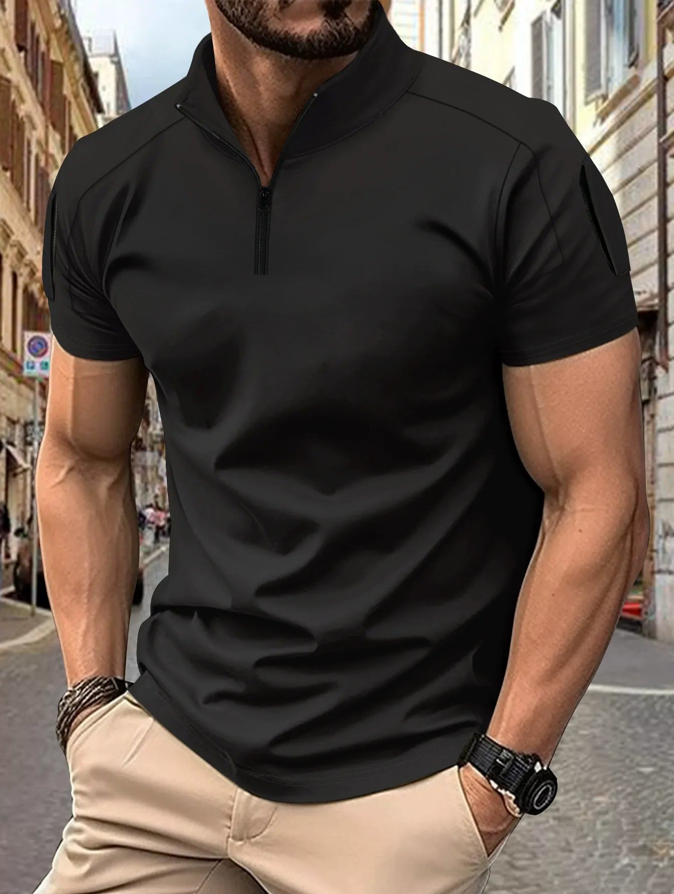Polo homme – Coupe slim – Coton respirant – Col zippé – Poche manche tactique
