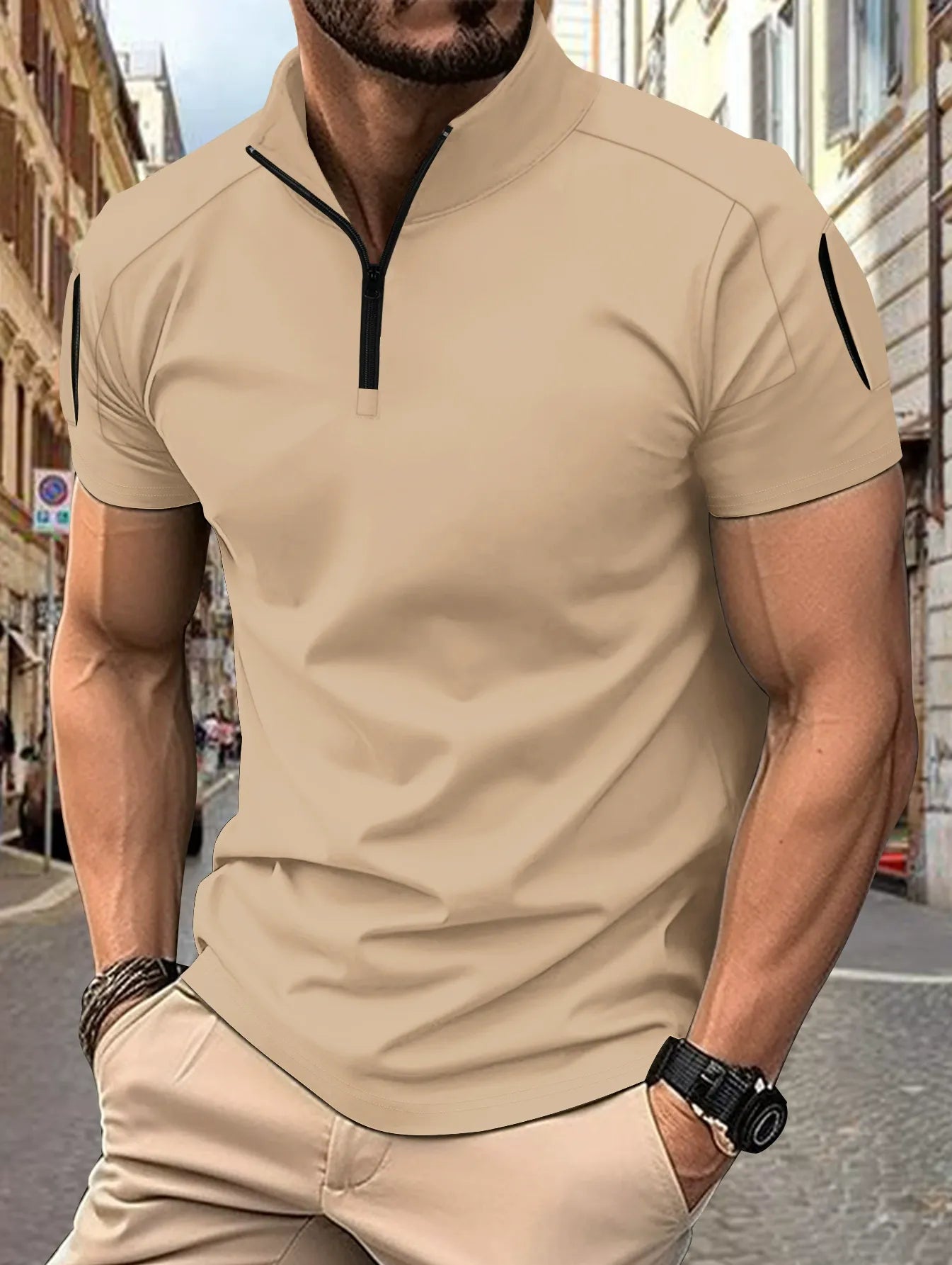 Polo homme – Coupe slim – Coton respirant – Col zippé – Poche manche tactique