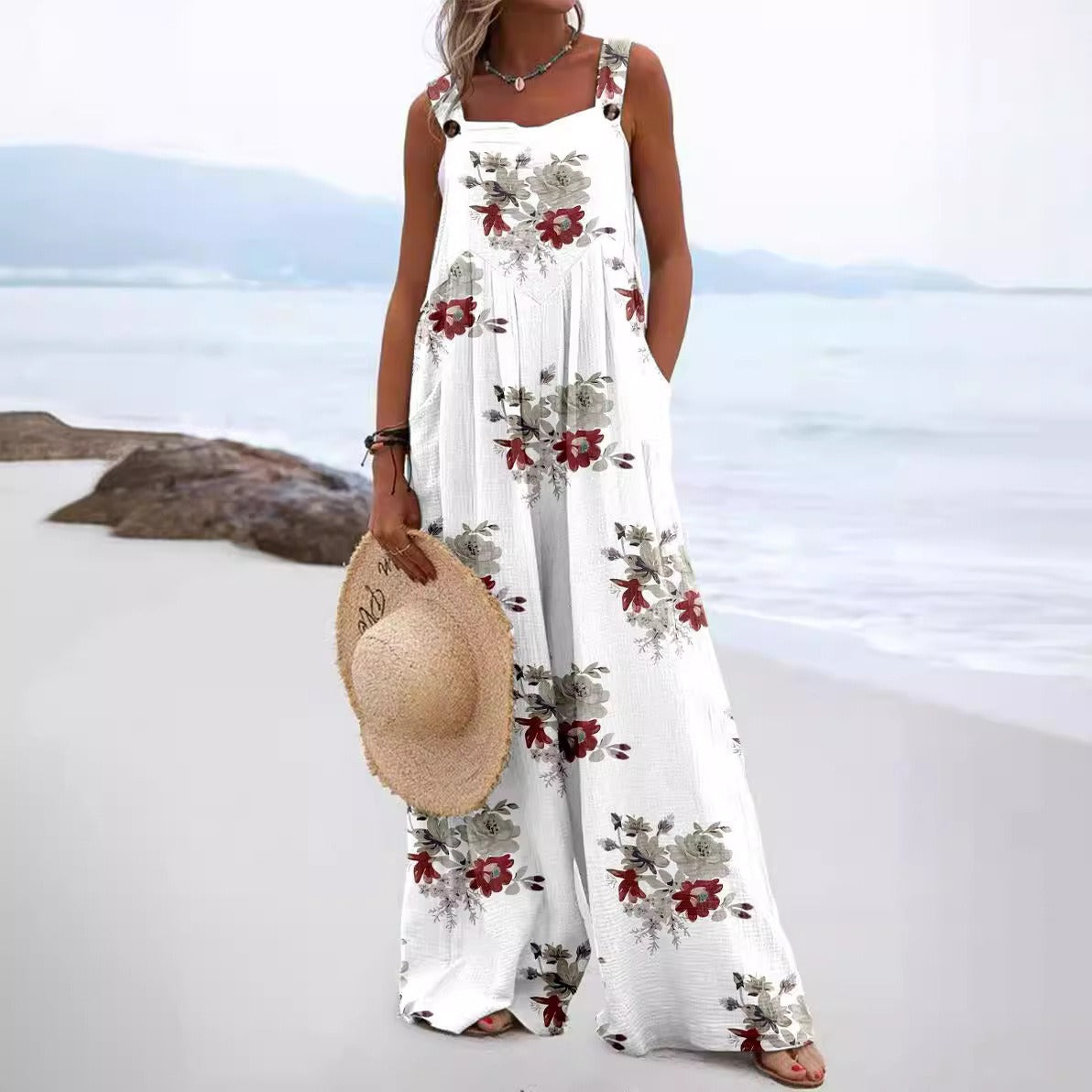 Combinaison femme – Coupe ample – Sans manches – Coton – Jambe large – Imprimé fleuri
