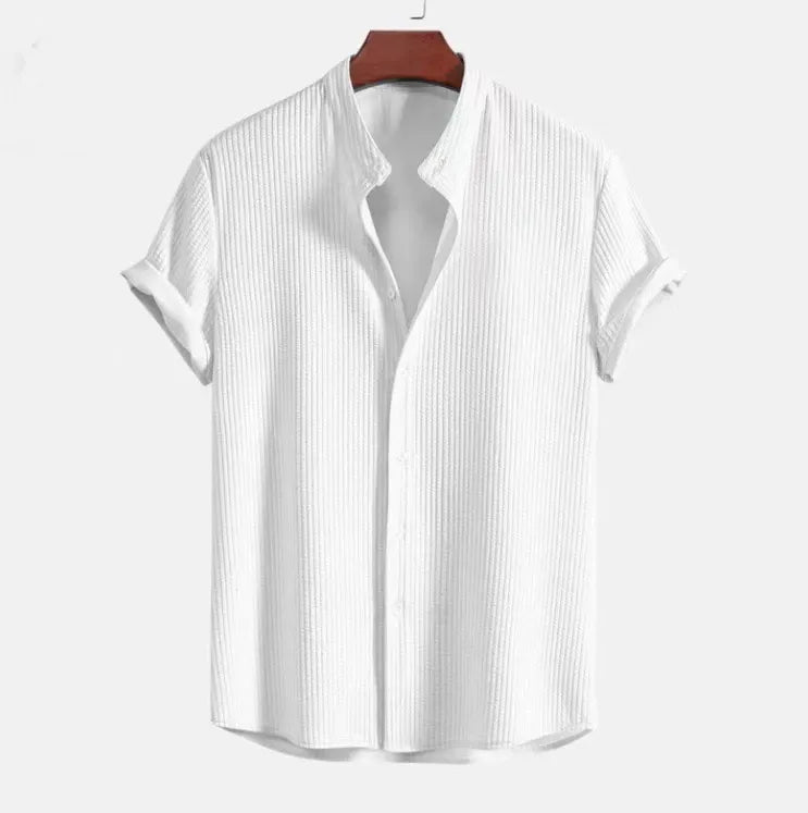 Chemise homme manches courtes – Coton – Coupe droite – Col mao – Style décontracté