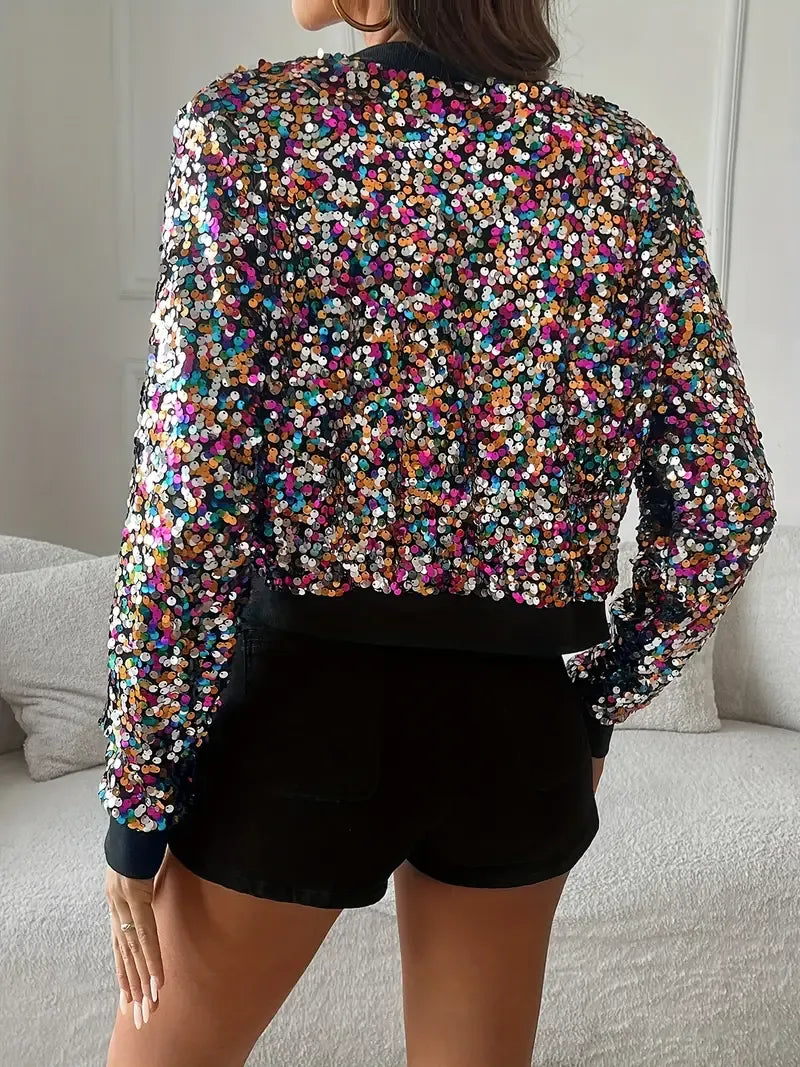 Veste bomber femme – Coupe courte – Sequins brillants – Finition côtelée zippée