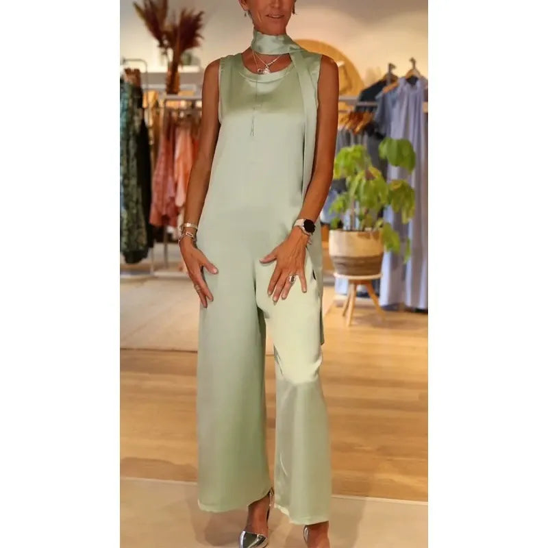 Combinaison femme – Satin lisse – Coupe ample – Sans manches – Pantalon large