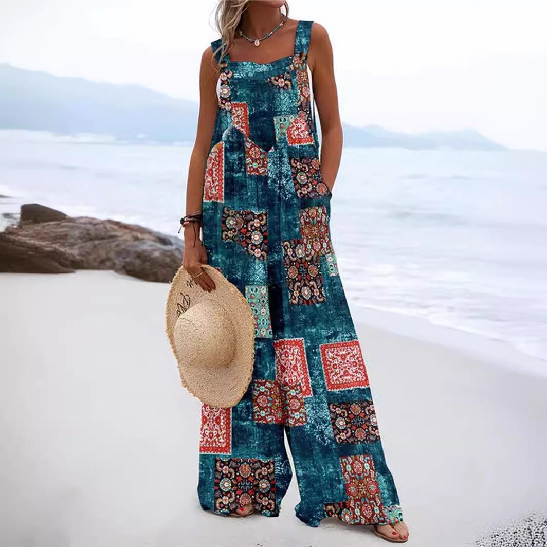 Combinaison femme – Coupe ample – Sans manches – Coton – Jambe large – Imprimé fleuri