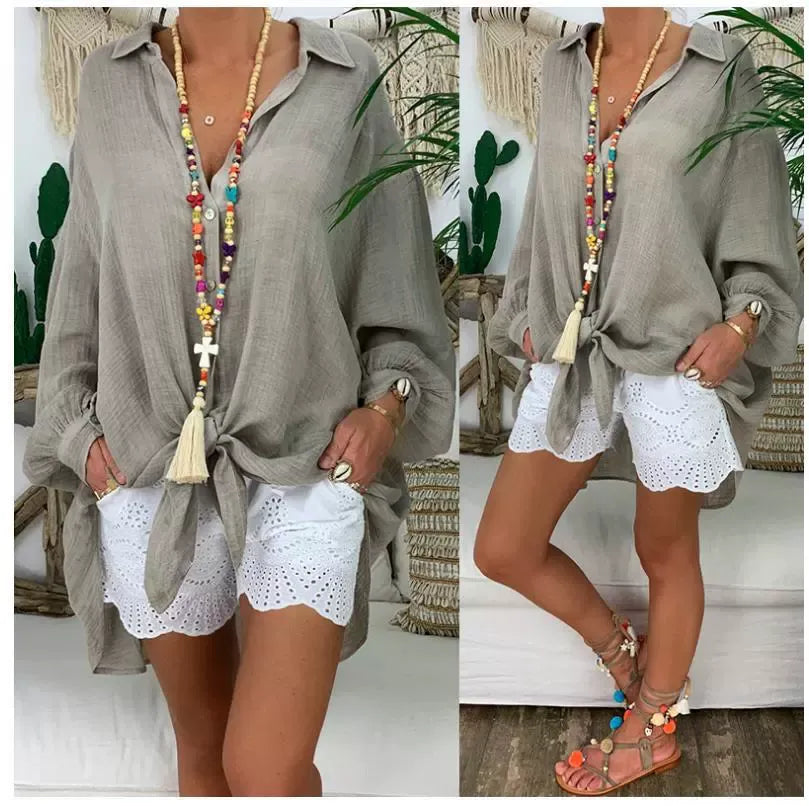 Blouse femme manches longues – Coupe oversize – Lin et coton – Boutonner