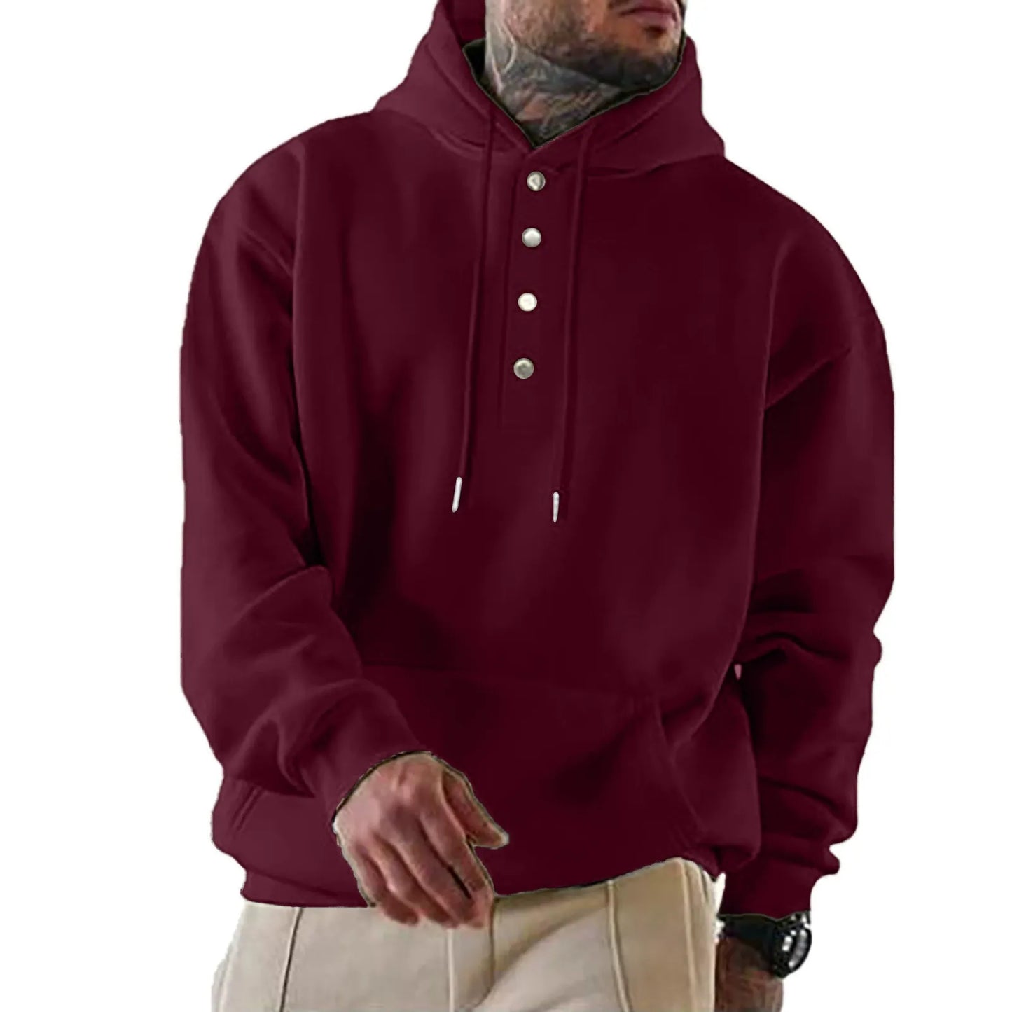 Sweat à capuche homme – Coupe ample – Molleton doux – Patte boutonnée – Style décontracté