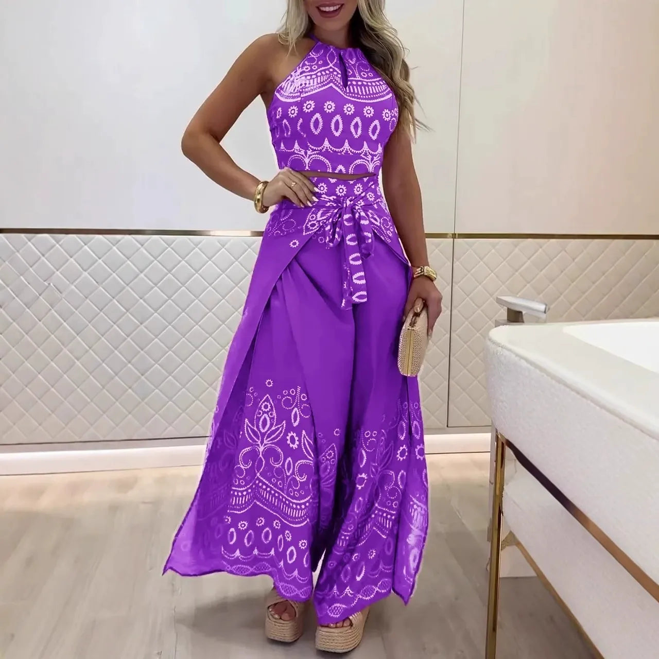 Ensemble Femme – Haut Dos Nu Court et Pantalon Large – Coton – Imprimé Rétro – Taille Nouée