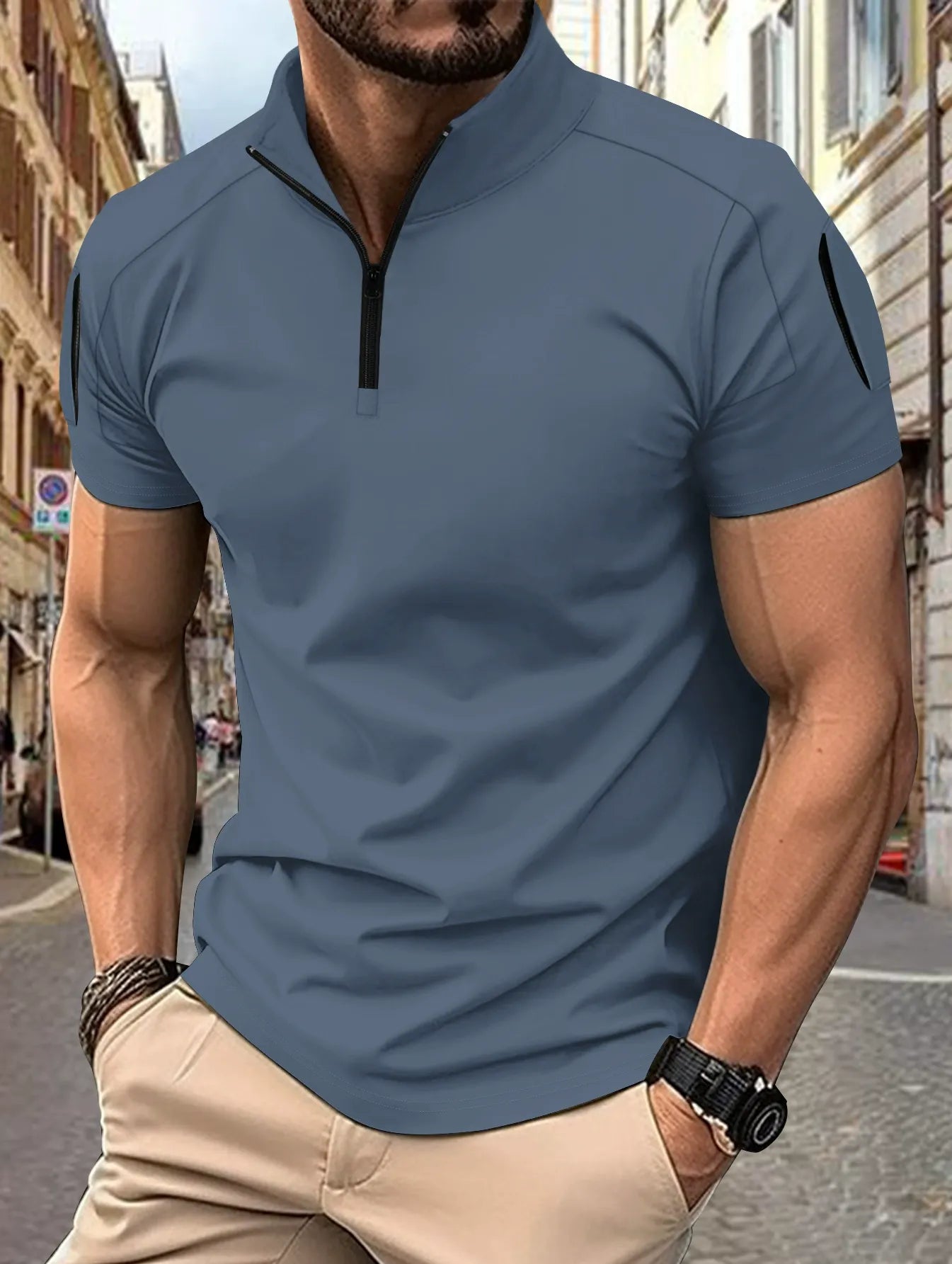 Polo homme – Coupe slim – Coton respirant – Col zippé – Poche manche tactique