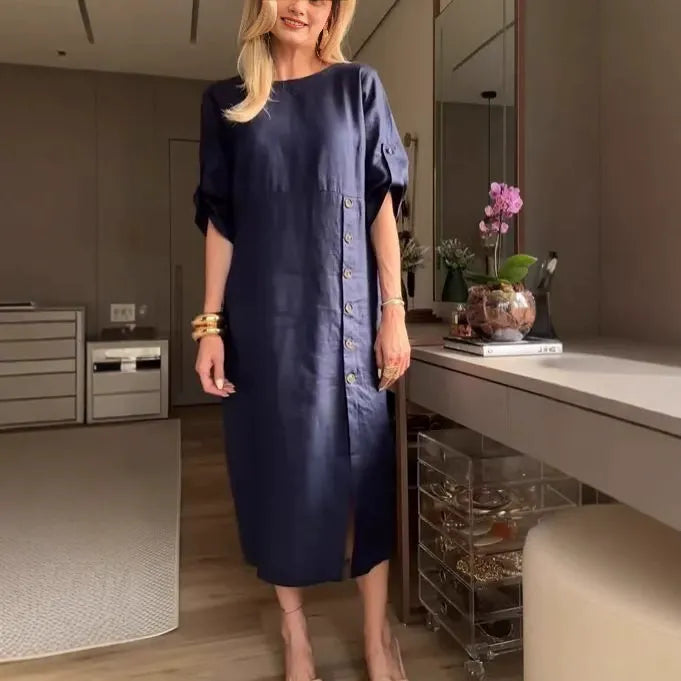 Robe midi femme – Coupe décontractée – Lin et coton – Manches courtes à liens – Boutons côtés