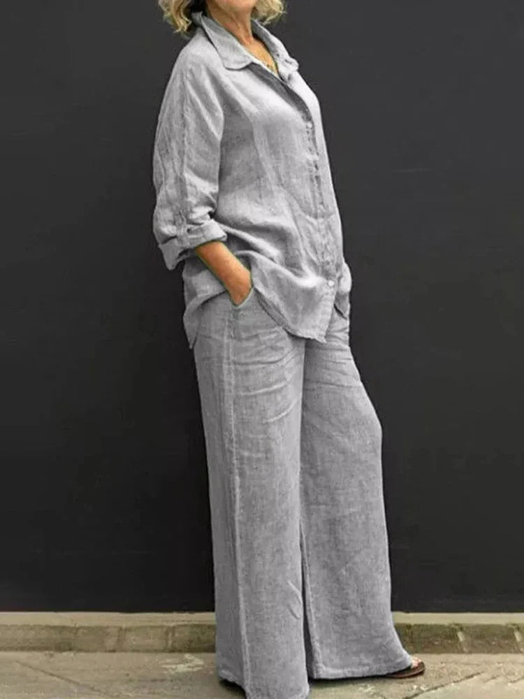 Ensemble Femme – Linnen Décontracté – Chemise Boutonnée – Pantalon Large Taille Haute