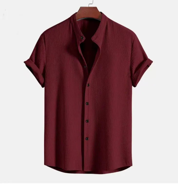 Chemise homme manches courtes – Coton – Coupe droite – Col mao – Style décontracté