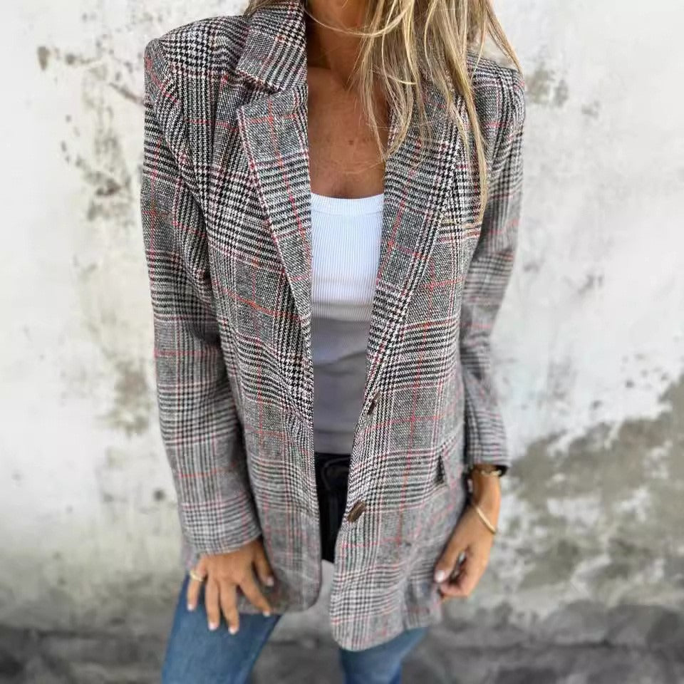 Women's Cardigan Jacket – Houndstooth Pattern – Wool – Relaxed Fit – Lapel Collar