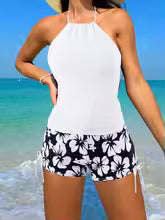 Tankini Femme – Haut Dos Nu à Nouer – Short Imprimé avec Liens – Tissu Respirant