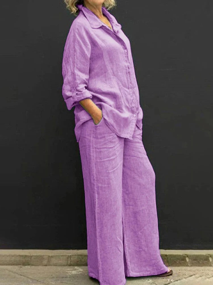 Ensemble Femme – Linnen Décontracté – Chemise Boutonnée – Pantalon Large Taille Haute