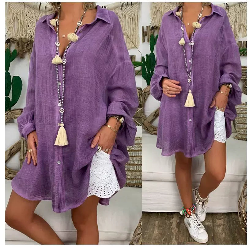 Blouse femme manches longues – Coupe oversize – Lin et coton – Boutonner