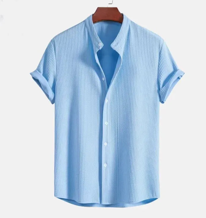 Chemise homme manches courtes – Coton – Coupe droite – Col mao – Style décontracté