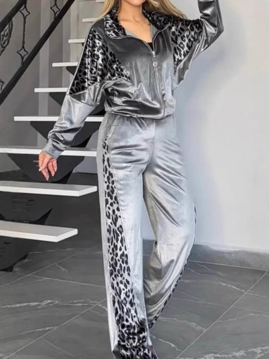 Ensemble de loisirs femme – Veste zippée et pantalon droit – Détail imprimé animal