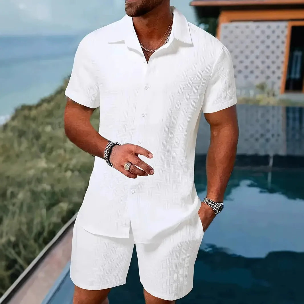 Ensemble homme chemise et short – coupe décontractée – texture jacquard – col classique