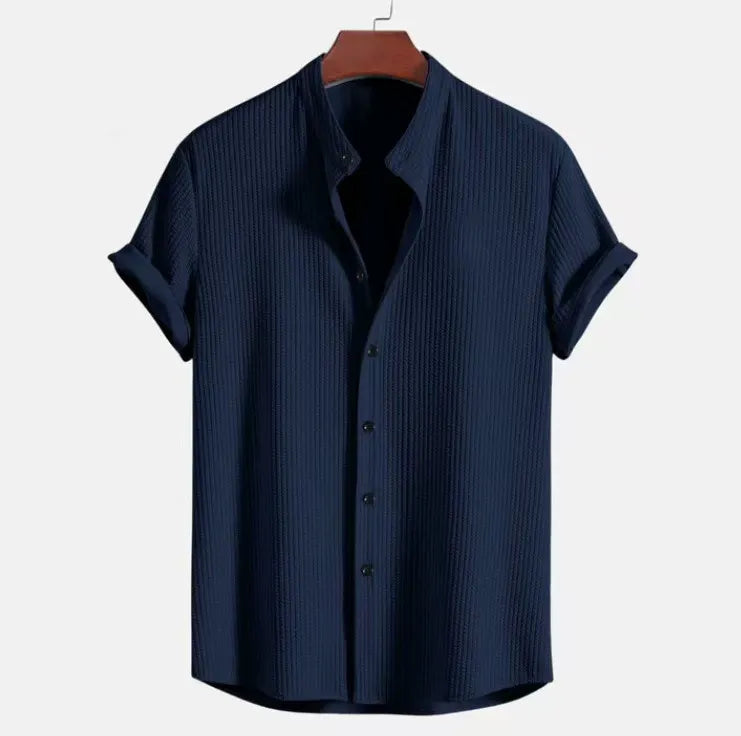 Chemise homme manches courtes – Coton – Coupe droite – Col mao – Style décontracté