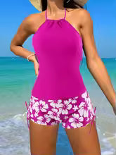 Tankini Femme – Haut Dos Nu à Nouer – Short Imprimé avec Liens – Tissu Respirant