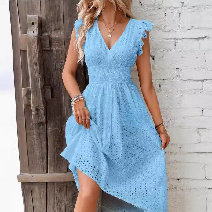 Robe midi femme – Coupe évasée – Broderie anglaise – Manches volantées – Décolleté croisé