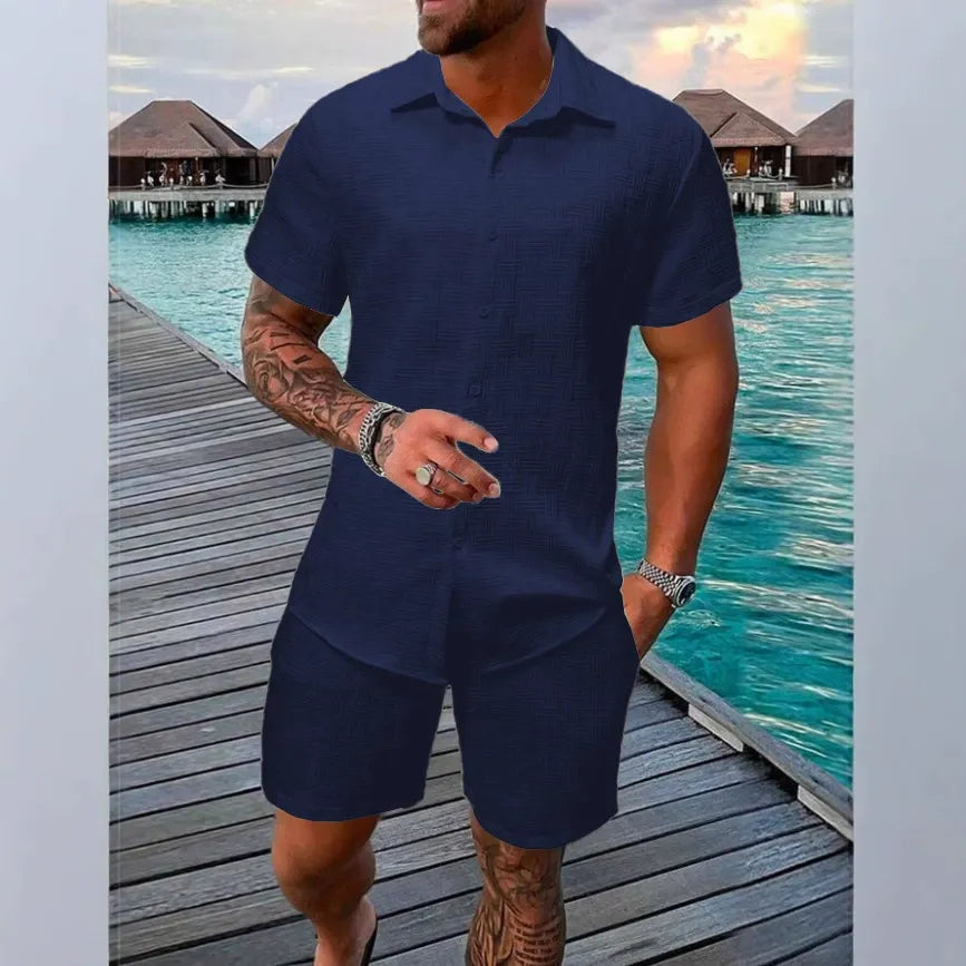 Ensemble homme chemise et short – coupe décontractée – texture jacquard – col classique