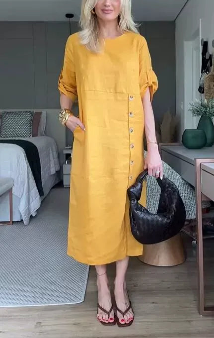 Robe midi femme – Coupe décontractée – Lin et coton – Manches courtes à liens – Boutons côtés